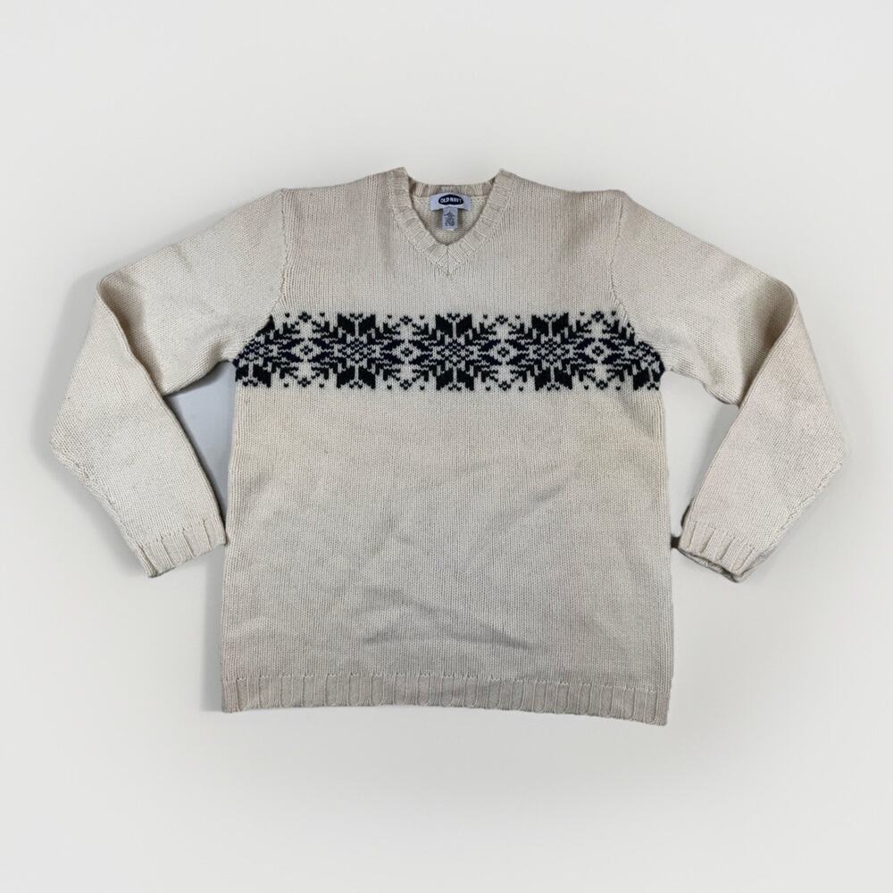 Vintage Old‎ Navy Mens L 100% Lambswool Knit Sweater Fair Isle Ivory Y2K Retro